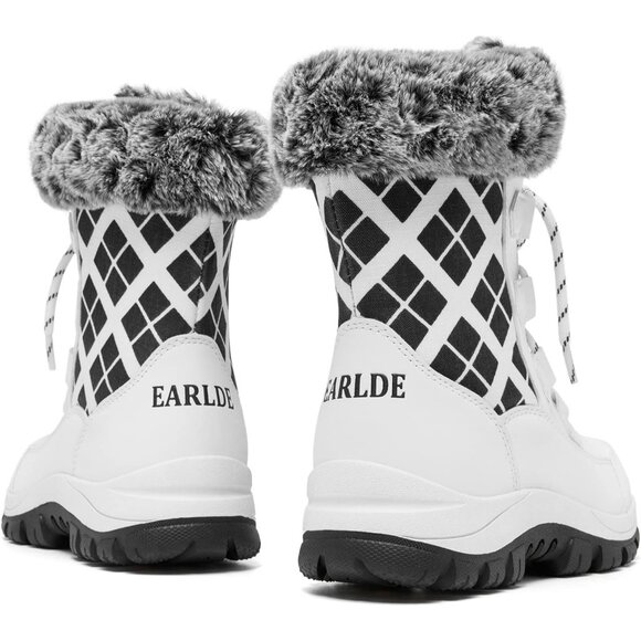 Women’s Ivory White Plaid Waterproof Snow Boots Mid-Calf Faux Fur Lined Non-Slip - Picture 9 of 9